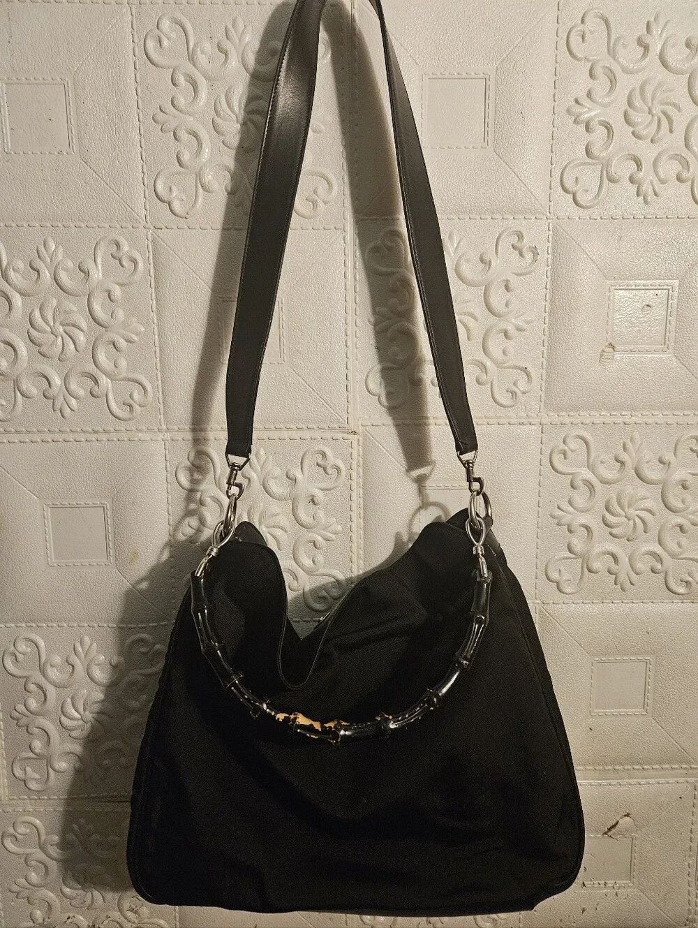 Gucci Nylon/Leather Black Bamboo Hobo 2way Authentic Vintage Bag